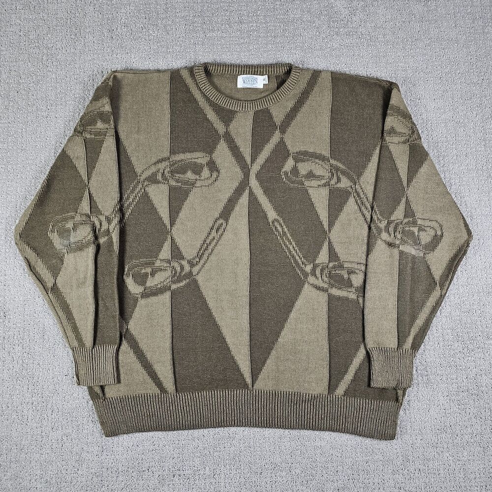 VTG Frankenmuth Woolen Mills Grandpa Sweater Men XL Argyle‎ Golf Glub AOP Knit
